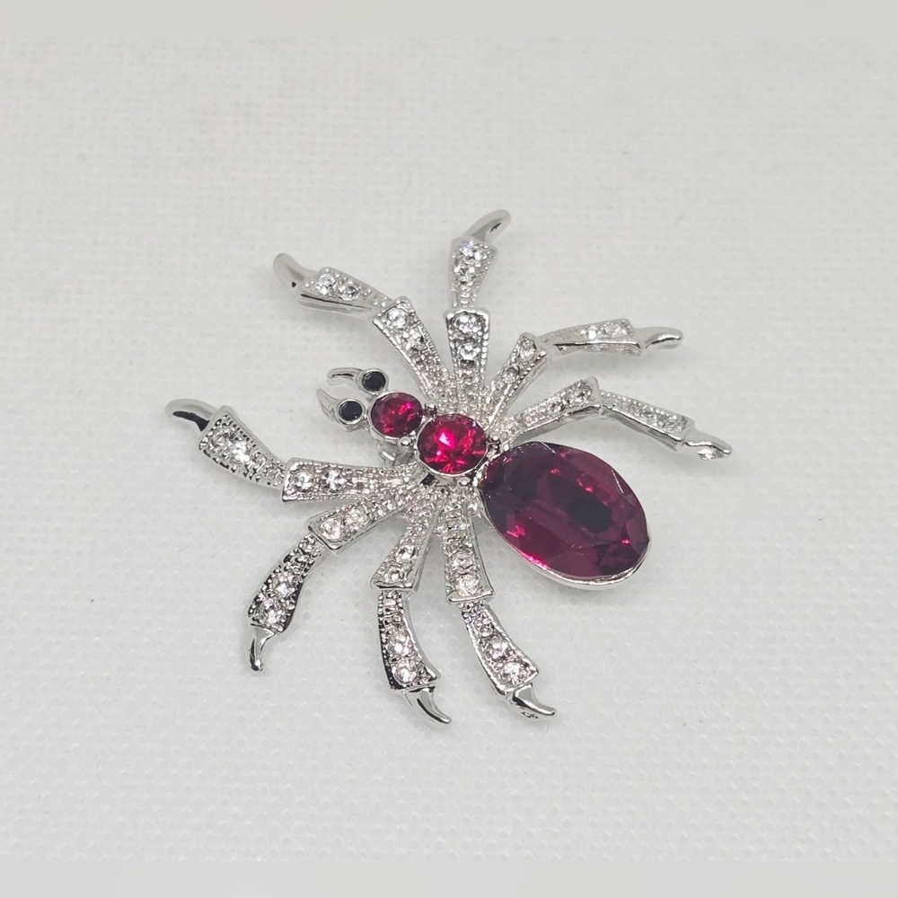Rhinestone Spider Brooch Silver Tone Red Crystal Statement Brooch